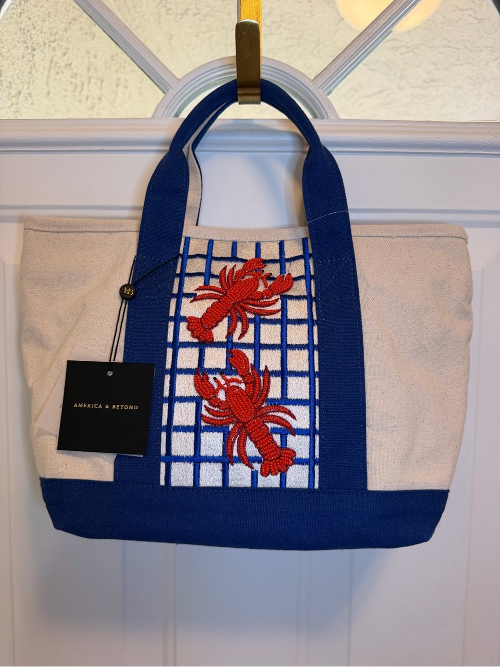 America & Beyond Blue & Cream Canvas Boat Tote with Beaded Red Lobsters